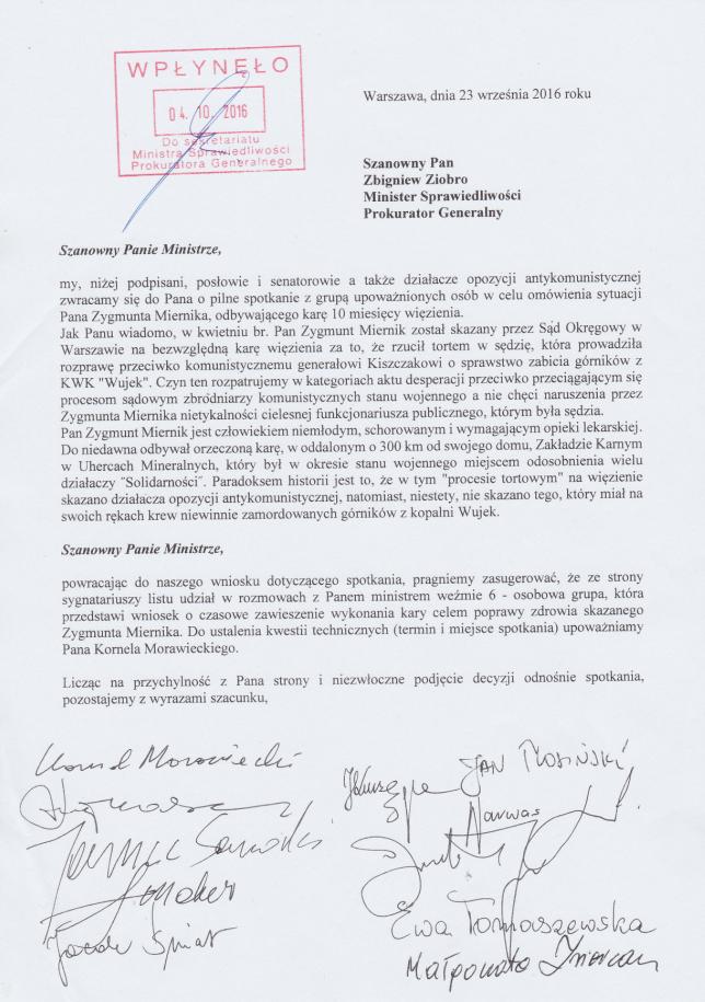 Wystąpienie 10 parlamentarzystów do Zbigniewa Ziobro w.s. Miernika